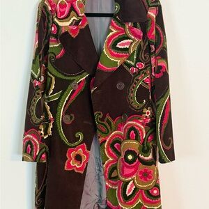 Trina Turk Brown and Pink Trench Coat with Floral Design
